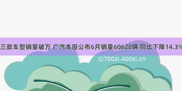 三款车型销量破万 广汽本田公布6月销量60628辆 同比下降14.3%