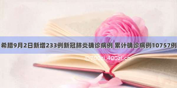 希腊9月2日新增233例新冠肺炎确诊病例 累计确诊病例10757例