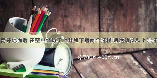 跳高运动员离开地面后 在空中经历了上升和下落两个过程 则运动员A.上升过程处于超重