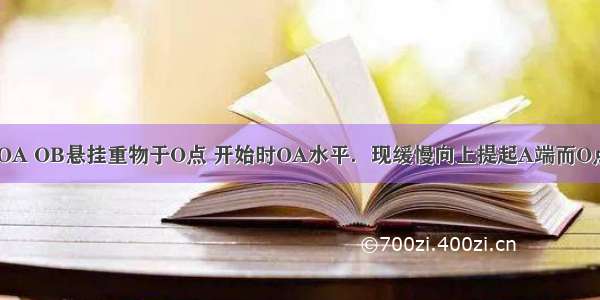 如图所示 绳OA OB悬挂重物于O点 开始时OA水平．现缓慢向上提起A端而O点的位置保持