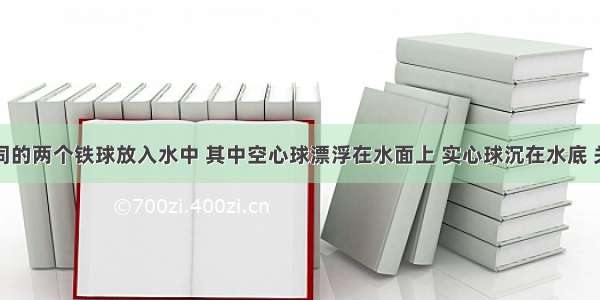 将体积相同的两个铁球放入水中 其中空心球漂浮在水面上 实心球沉在水底 关于两球所