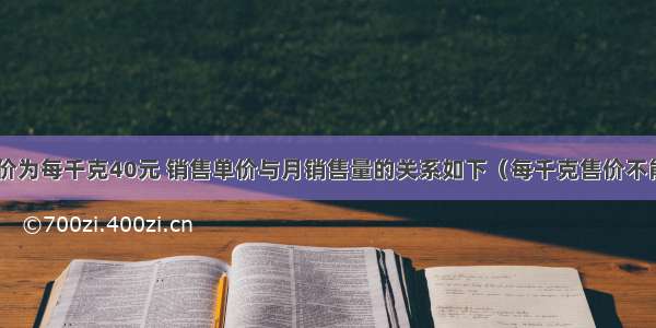 某商品的进价为每千克40元 销售单价与月销售量的关系如下（每千克售价不能高于65元）