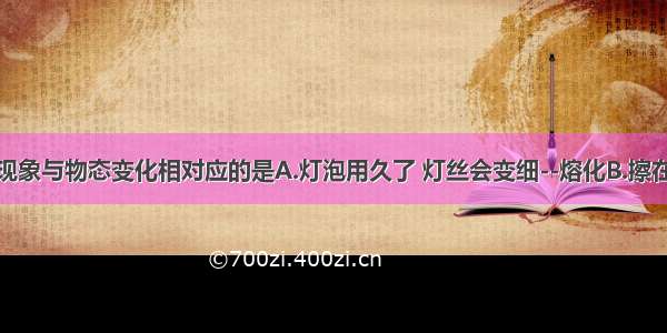 单选题下列现象与物态变化相对应的是A.灯泡用久了 灯丝会变细--熔化B.擦在皮肤上的酒