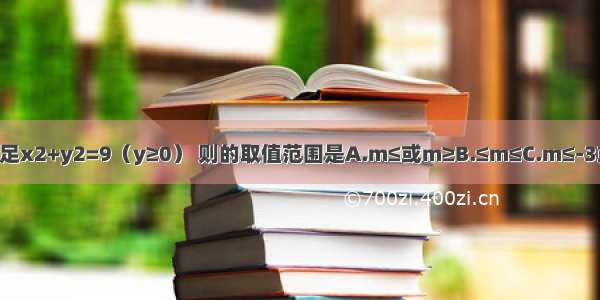 已知实数x y满足x2+y2=9（y≥0） 则的取值范围是A.m≤或m≥B.≤m≤C.m≤-3或m≥D.-3≤m≤