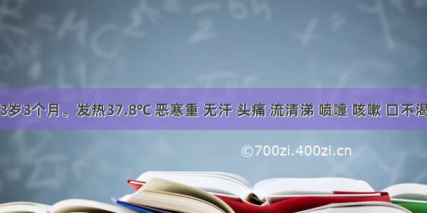 患儿 3岁3个月。发热37.8℃ 恶寒重 无汗 头痛 流清涕 喷嚏 咳嗽 口不渴 咽不