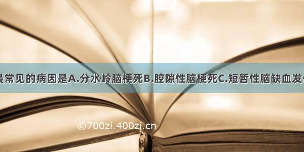 导致脑梗死最常见的病因是A.分水岭脑梗死B.腔隙性脑梗死C.短暂性脑缺血发作D.脑栓塞E.