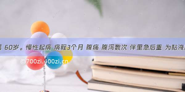 患者 男 60岁。慢性起病 病程3个月 腹痛 腹泻数次 伴里急后重 为黏液脓血便 