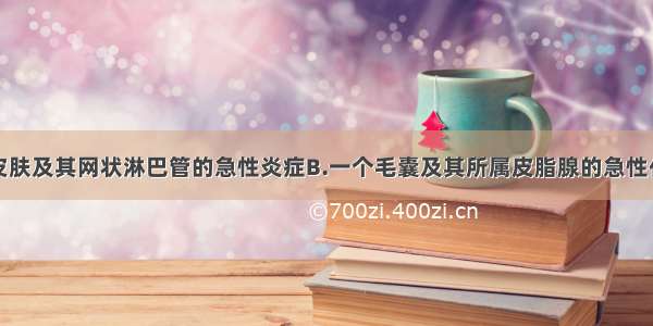 发是指()A.皮肤及其网状淋巴管的急性炎症B.一个毛囊及其所属皮脂腺的急性化脓性感染C.