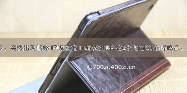 患儿 12岁。突然出现喘憋 呼吸困难 口唇紫绀 呼气延长 肺部满布哮鸣音。应考虑A.