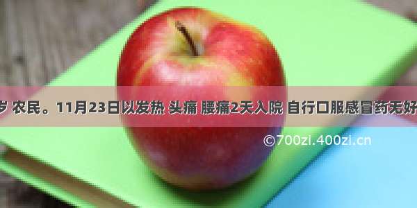 男性 27岁 农民。11月23日以发热 头痛 腰痛2天入院 自行口服感冒药无好转。查体