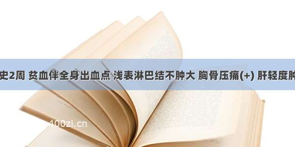 男性 病史2周 贫血伴全身出血点 浅表淋巴结不肿大 胸骨压痛(+) 肝轻度肿大 外周