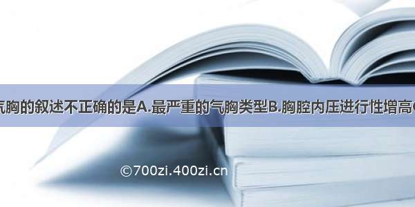 关于张力性气胸的叙述不正确的是A.最严重的气胸类型B.胸腔内压进行性增高C.有纵隔扑动