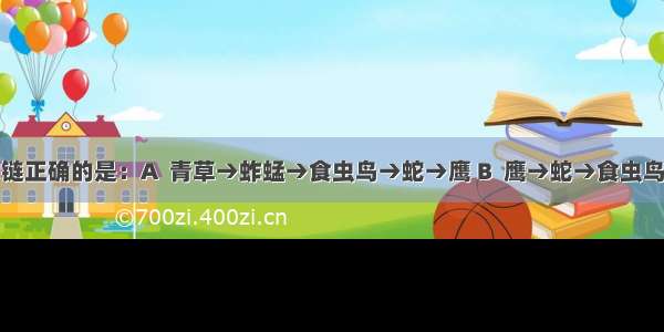 下列食物链正确的是：A  青草→蚱蜢→食虫鸟→蛇→鹰 B  鹰→蛇→食虫鸟→蚱蜢→