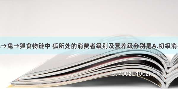 单选题在草→兔→狐食物链中 狐所处的消费者级别及营养级分别是A.初级消费者 第二营