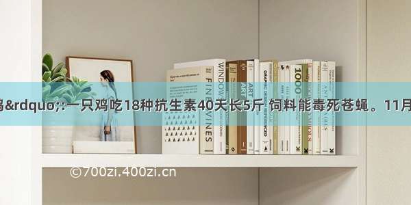 “速生鸡”:一只鸡吃18种抗生素40天长5斤 饲料能毒死苍蝇。11月23日 有媒体报